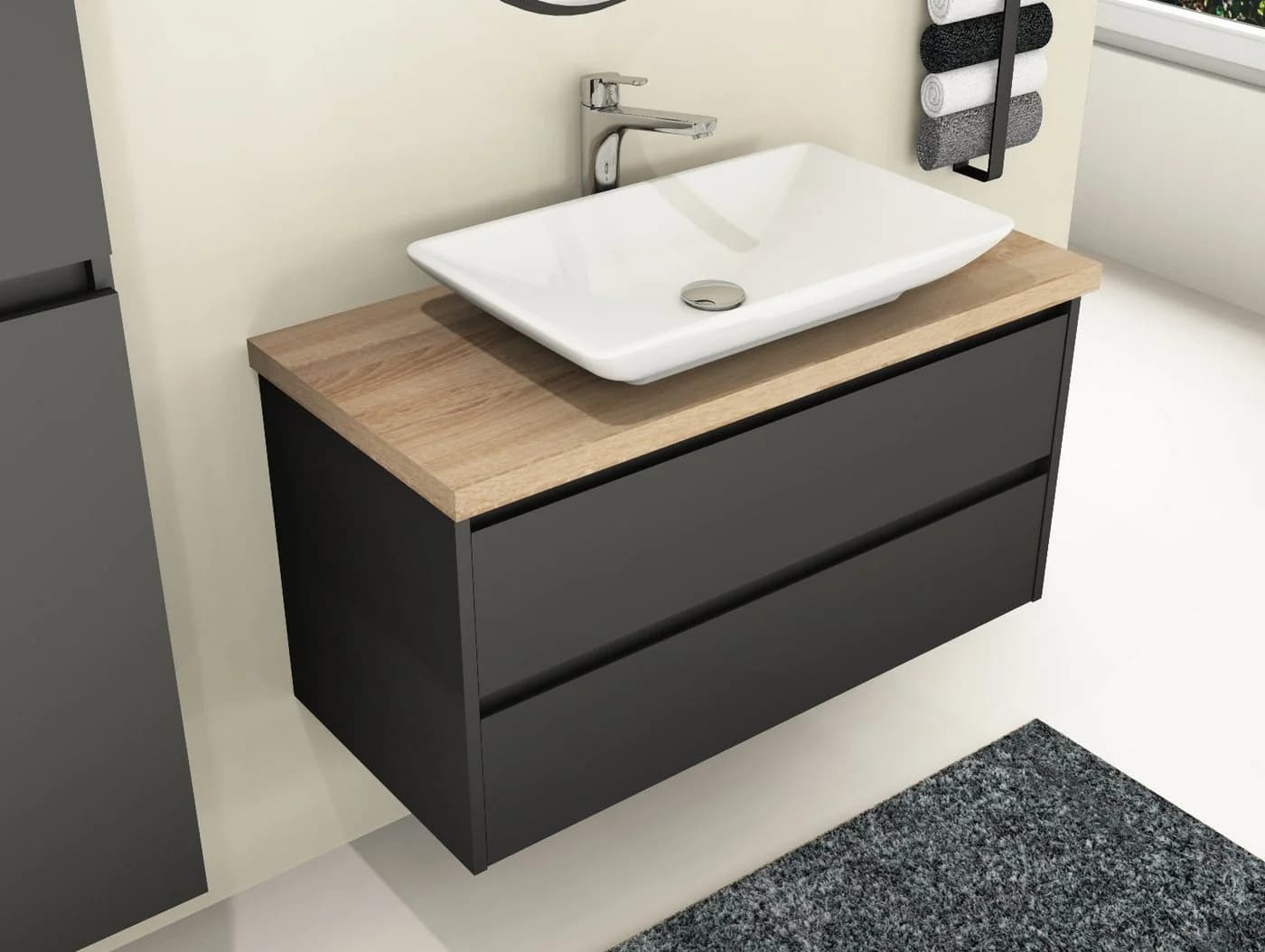 Aqua Bagno Badmöbel-Set Duo 100 cm Anthrazit mit Eiche Gold Trägerplatte