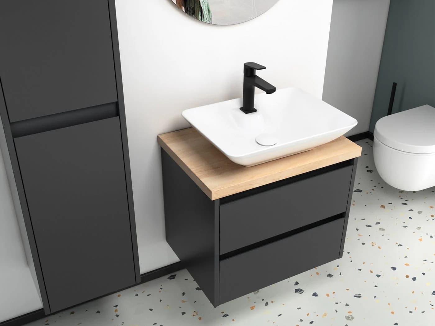 Aqua Bagno Badmöbel-Set 60cm Anthrazit Matt mit Keramikwaschbecken