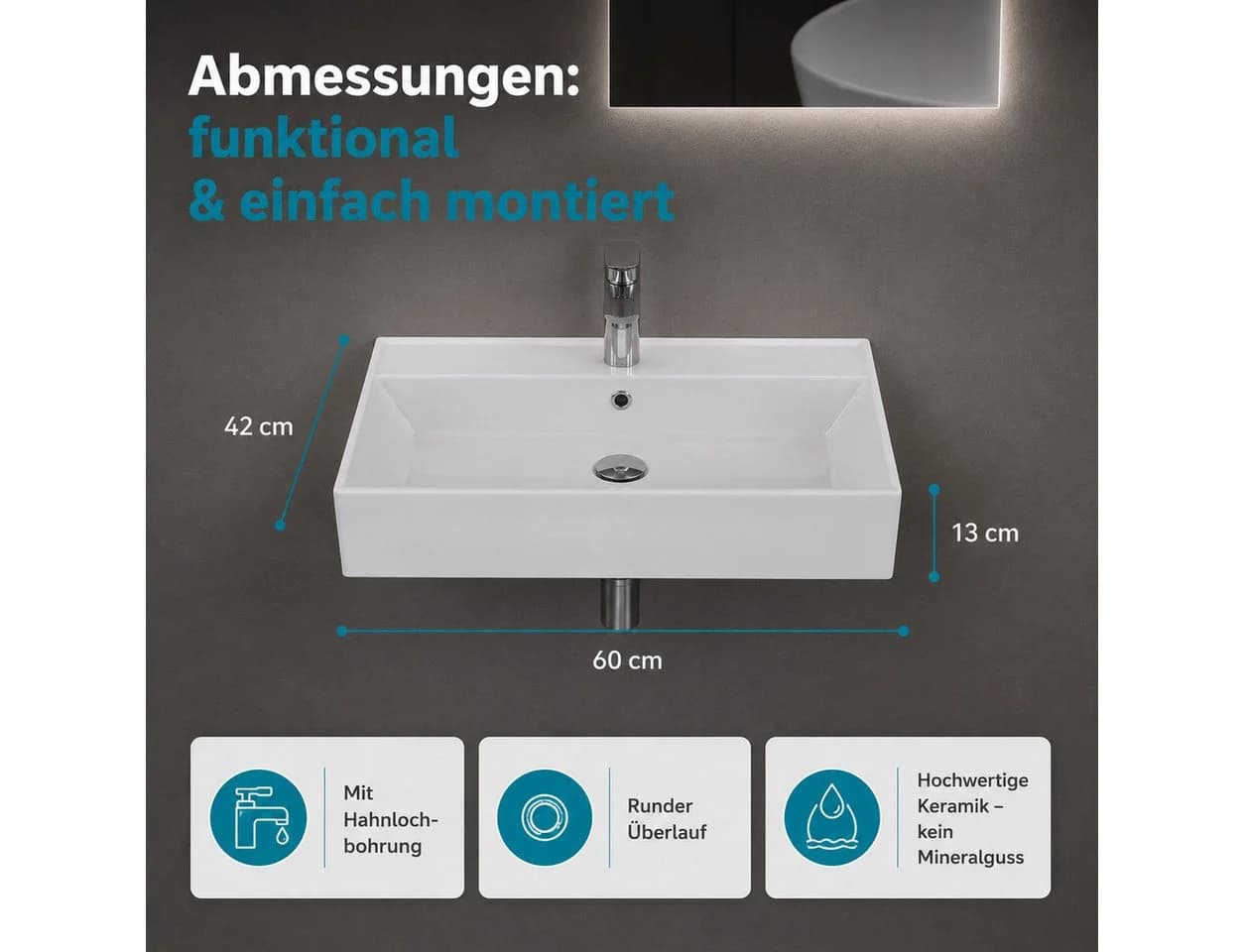 Aqua Bagno Aufsatzwaschbecken 60cm Weiß Keramik