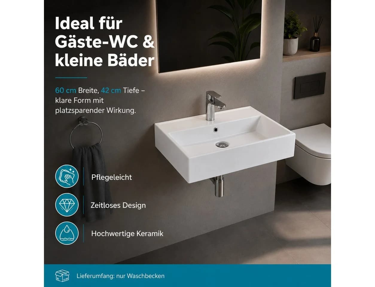 Aqua Bagno Aufsatzwaschbecken 60cm Weiß Keramik - Bild 3