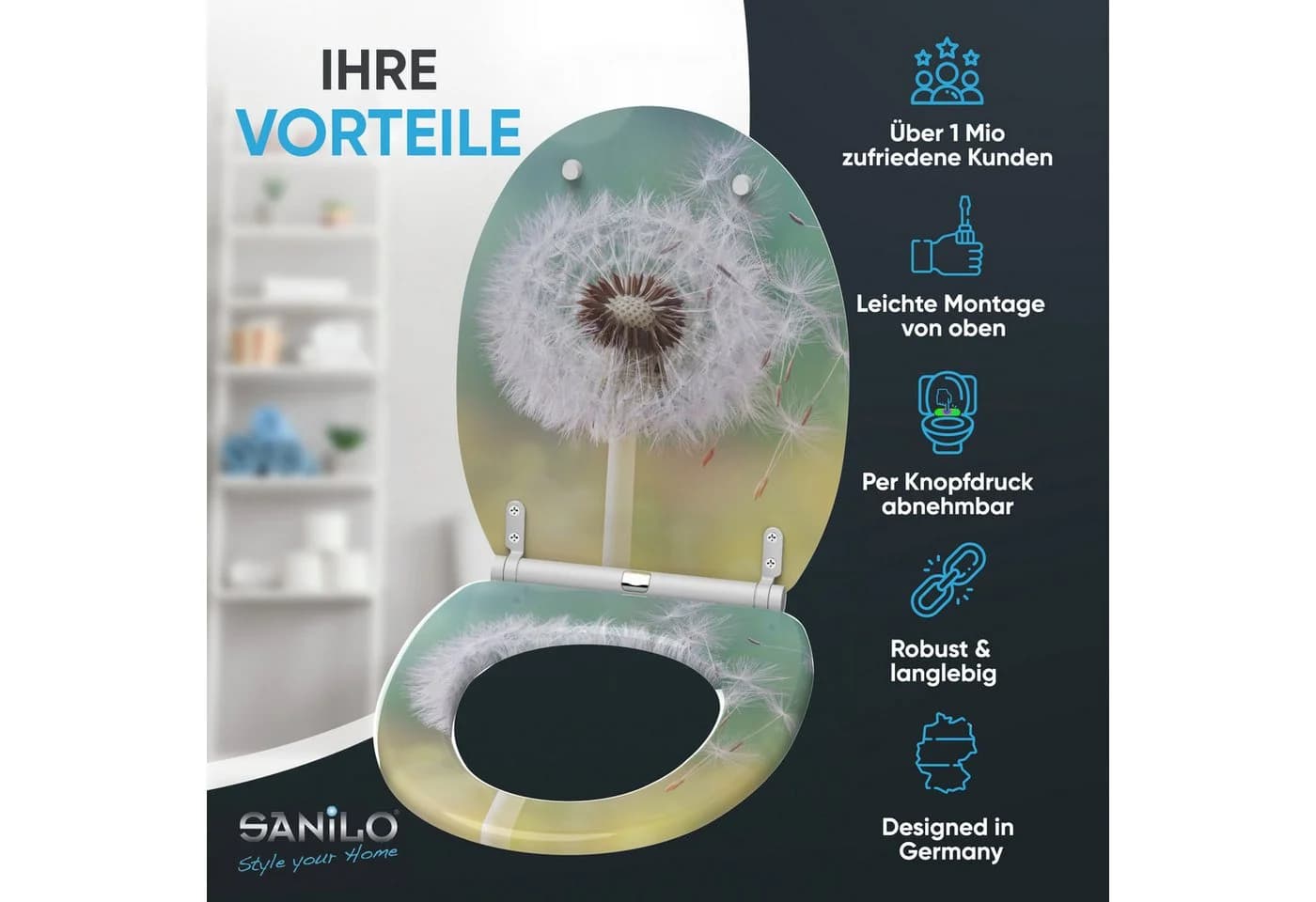 Sanilo WC-Sitz Pusteblume mit Absenkautomatik, hochwertig & modern, universell, leichte Montage