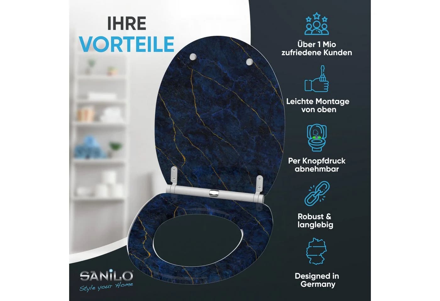 Sanilo WC-Sitz Marmor Darkblue mit Absenkautomatik & Quick Release