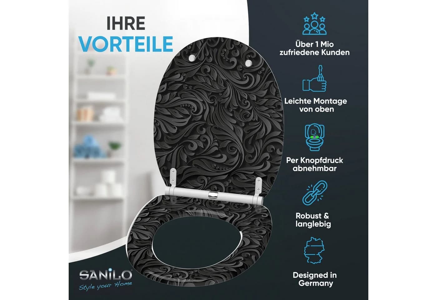 Sanilo WC-Sitz Floral Schwarz mit Absenkautomatik