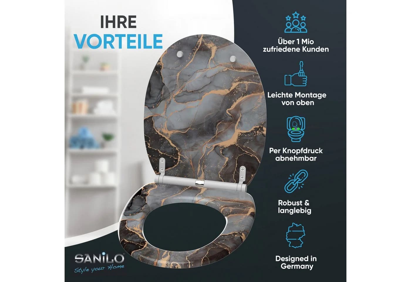 Sanilo WC-Sitz mit Absenkautomatik Grau Marmor Abstrakt