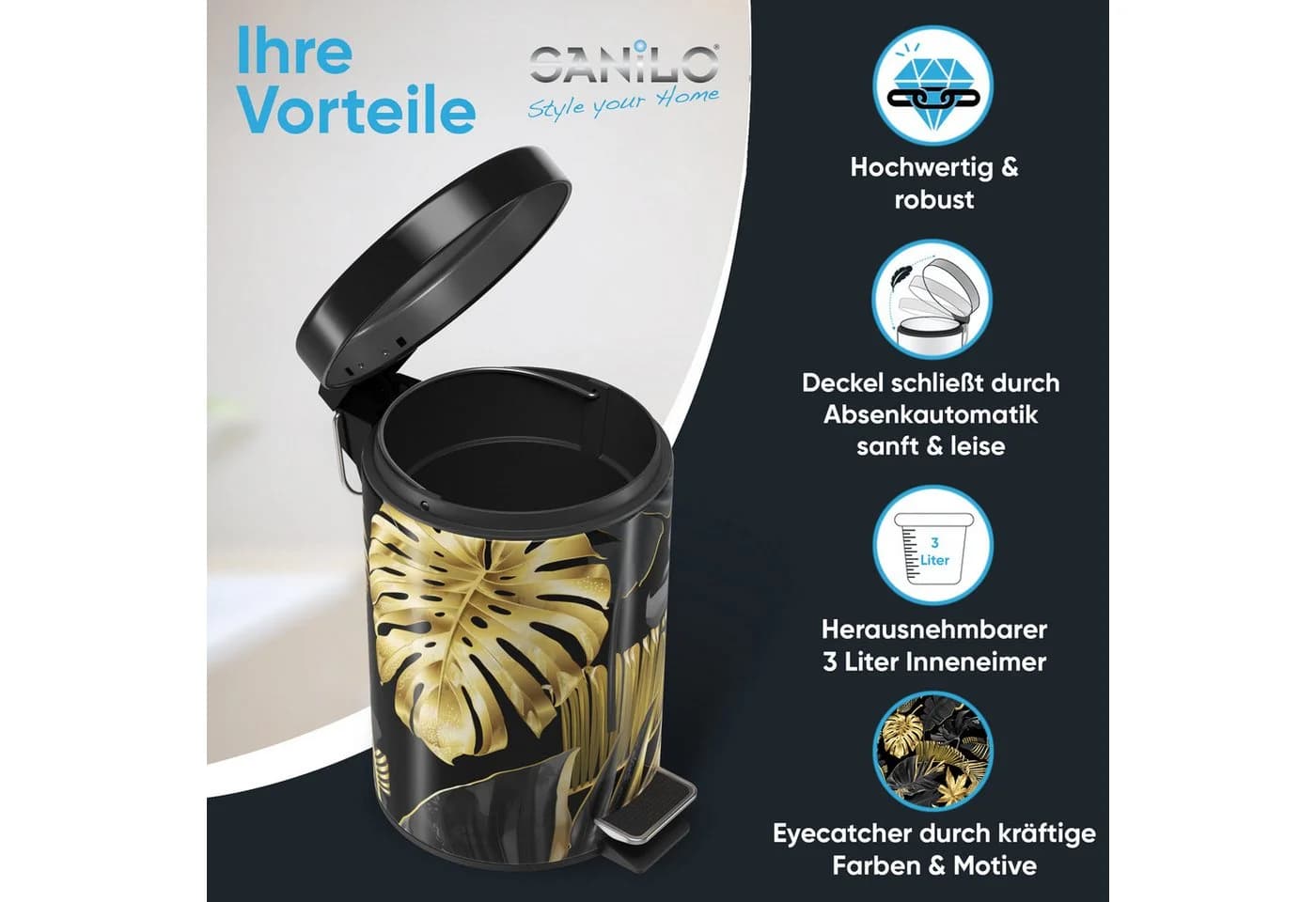 Sanilo Kosmetikeimer 3L Schwarz Fußpedal Absenkautomatik