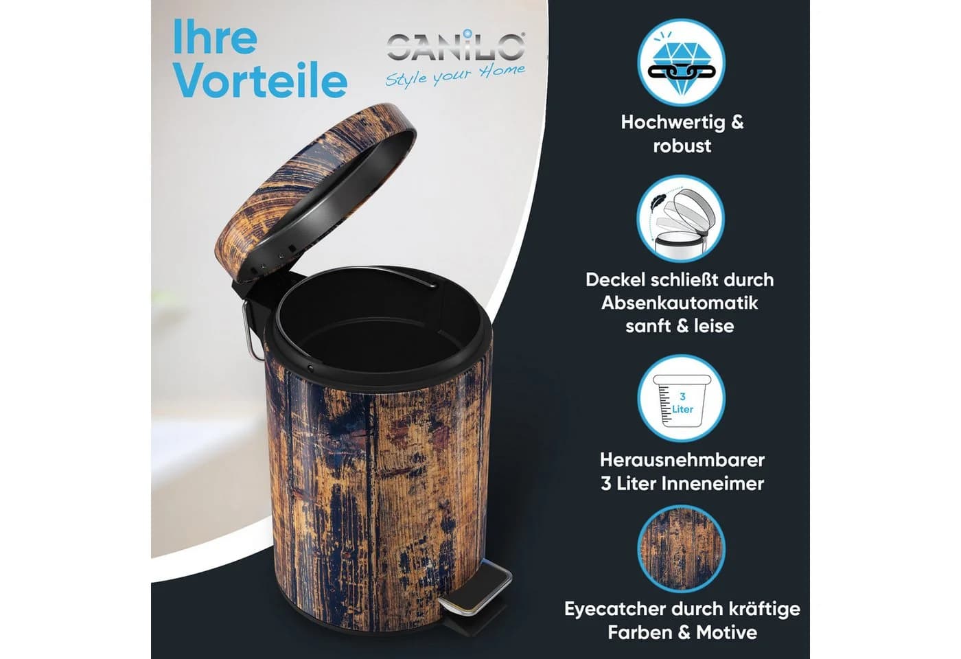 Sanilo Kosmetikeimer Vintage Schwarz 3L mit Absenkautomatik