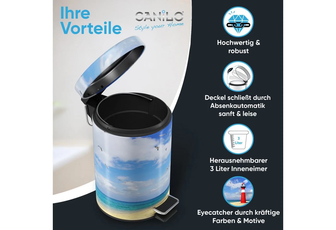 Sanilo Kosmetikeimer 3L mit Absenkautomatik & Fußpedal Blau