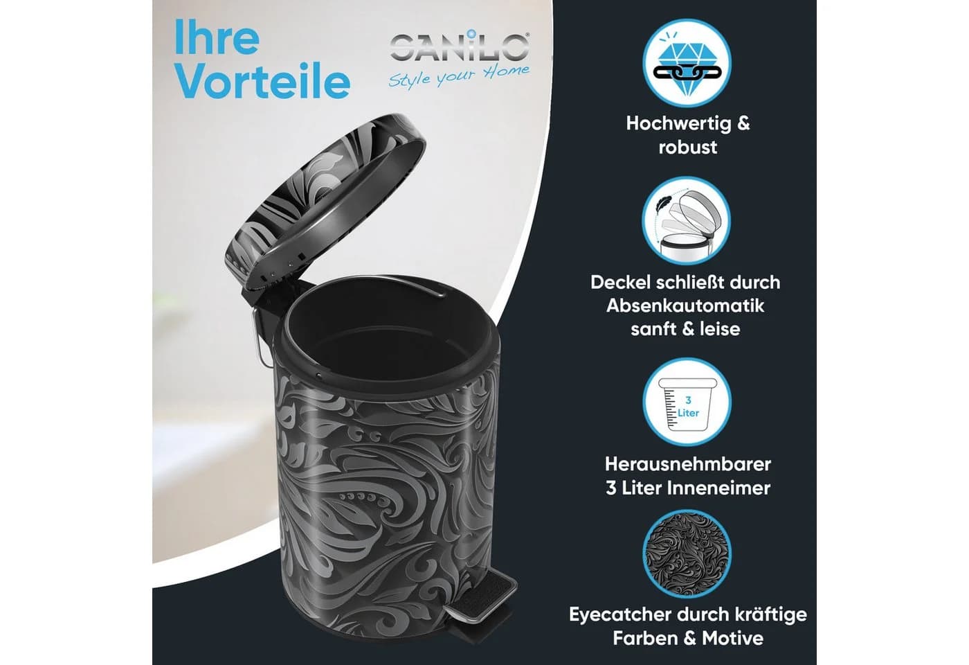 SANILO Kosmetikeimer Floral Schwarz 3L mit Absenkautomatik