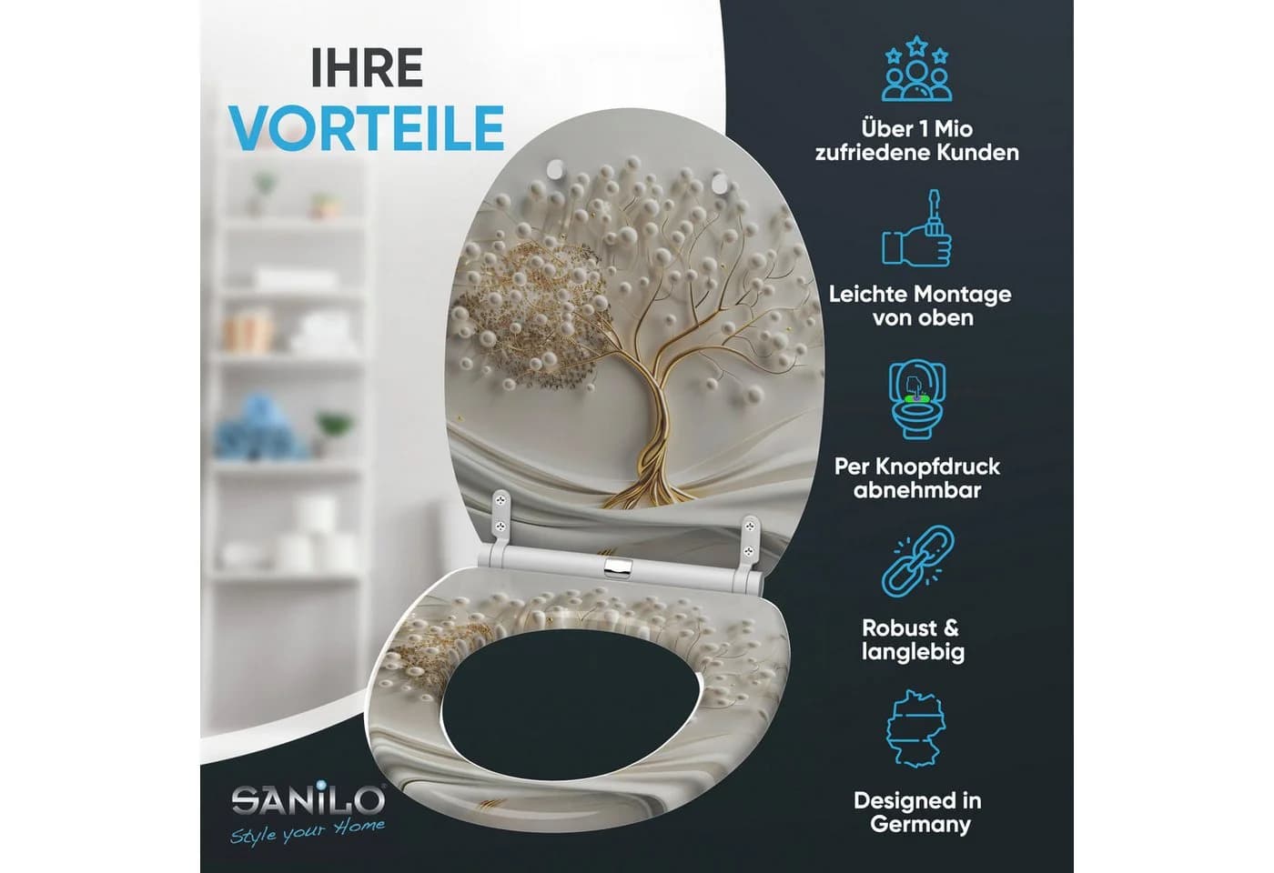 Sanilo WC-Sitz Tree of Life mit Absenkautomatik & Quick Release Weiß