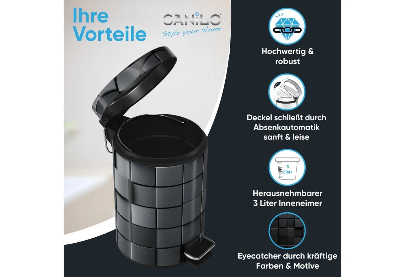Sanilo Kosmetikeimer 3L mit Absenkautomatik & Fußpedal Schwarz