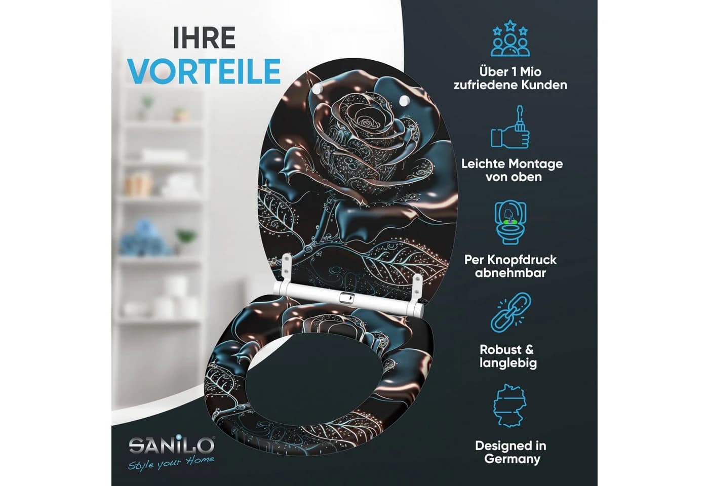 Sanilo WC-Sitz Schwarz mit Absenkautomatik & Quick Release