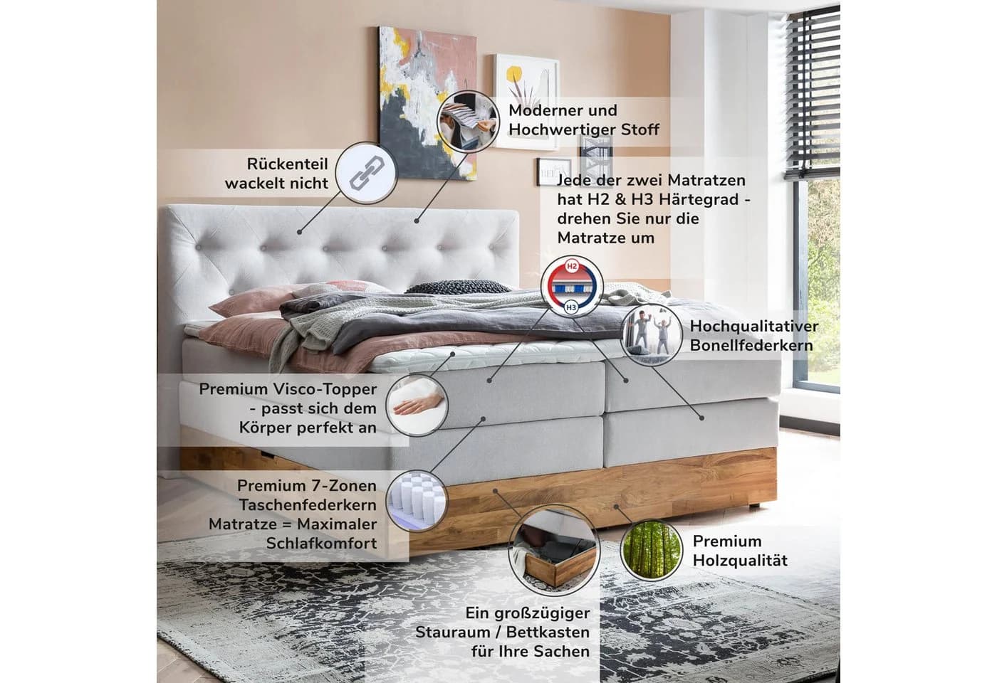 Belanoti Boxspringbett Marbo 180x200 mit Bettkasten und Visco-Topper - Bild 4