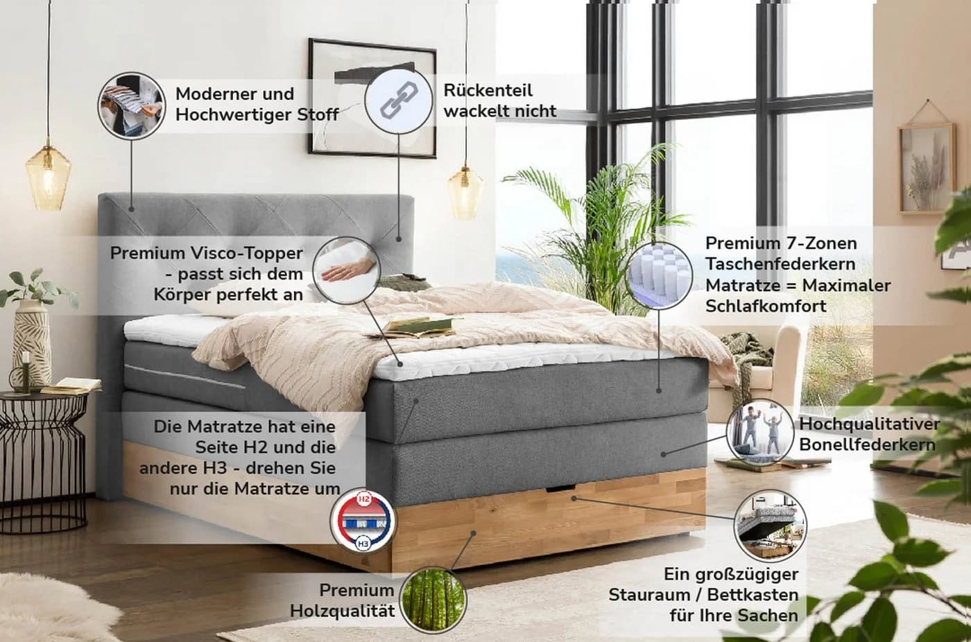 Belanoti Boxspringbett Marbo mit Bettkasten und Visco-Topper - Bild 4