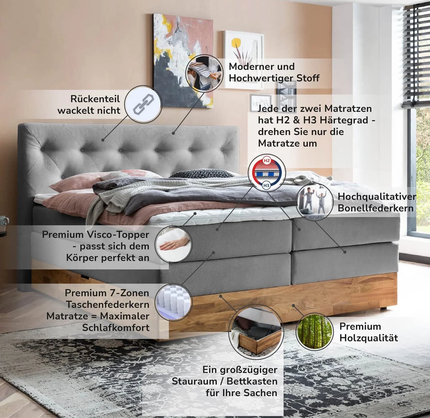 Belanoti Boxspringbett Marbo mit Bettkasten und Visco-Topper - Bild 4