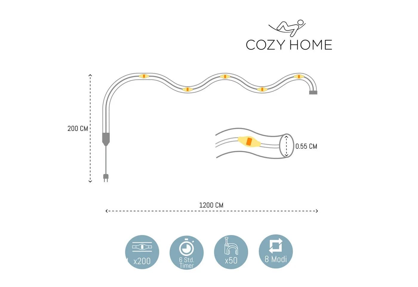COZY HOME LED-Lichterkette Schlauch 200 LEDs 12m Solar & Stecker - Bild 4