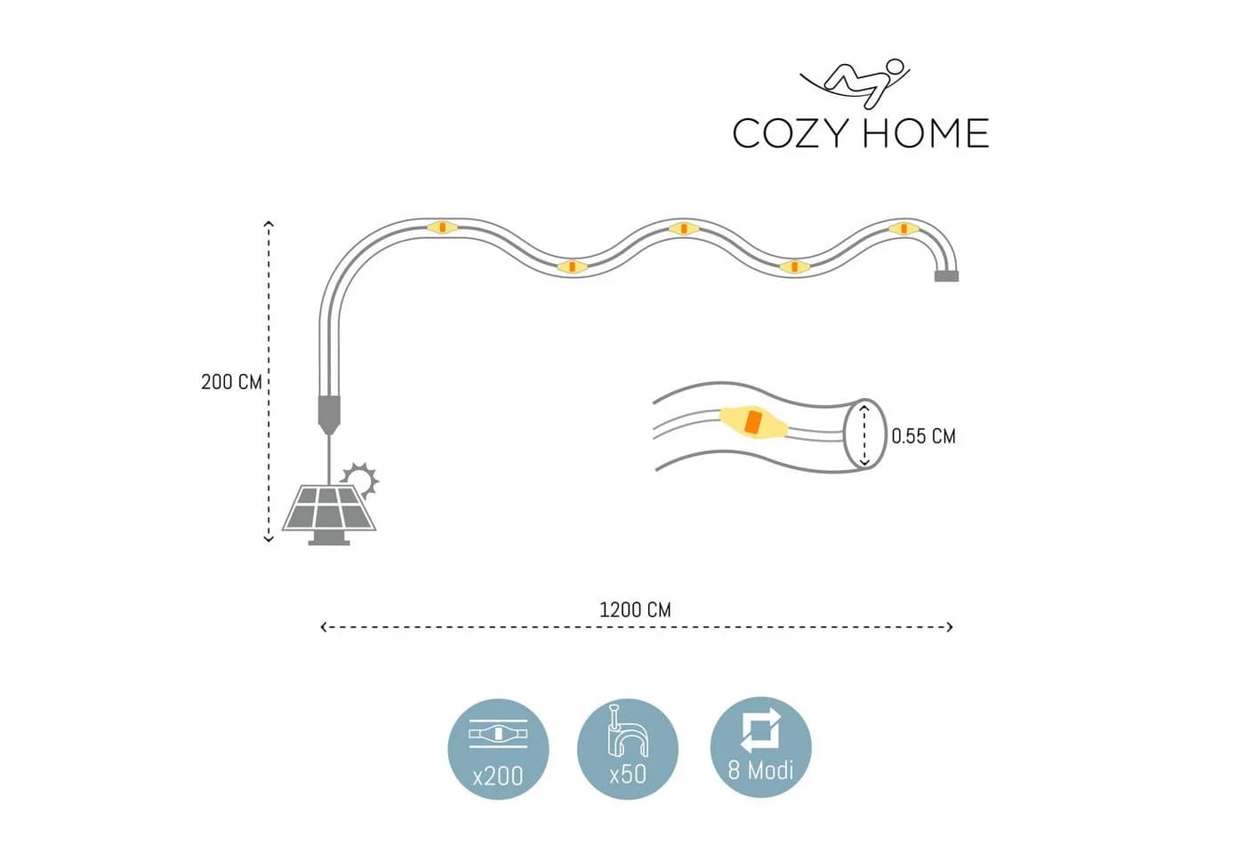 COZY HOME LED-Lichterkette Schlauch 200 LEDs 12m Solar & Stecker - Bild 3