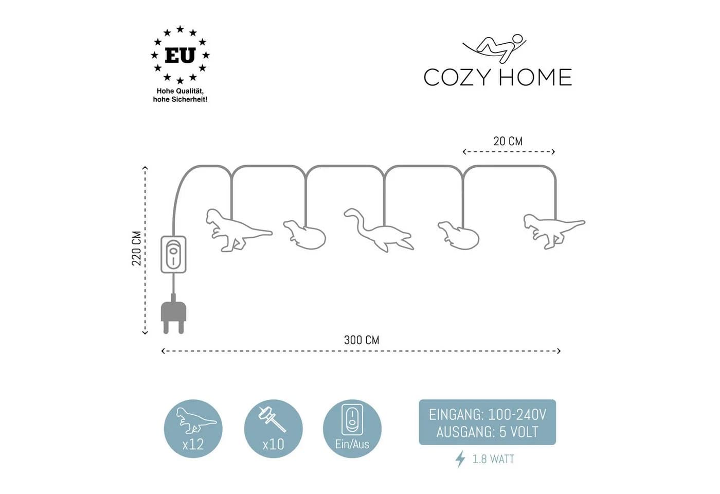 COZY HOME LED-Lichterkette Dino 12 LED Warmweiß Batterie Stecker - Bild 4