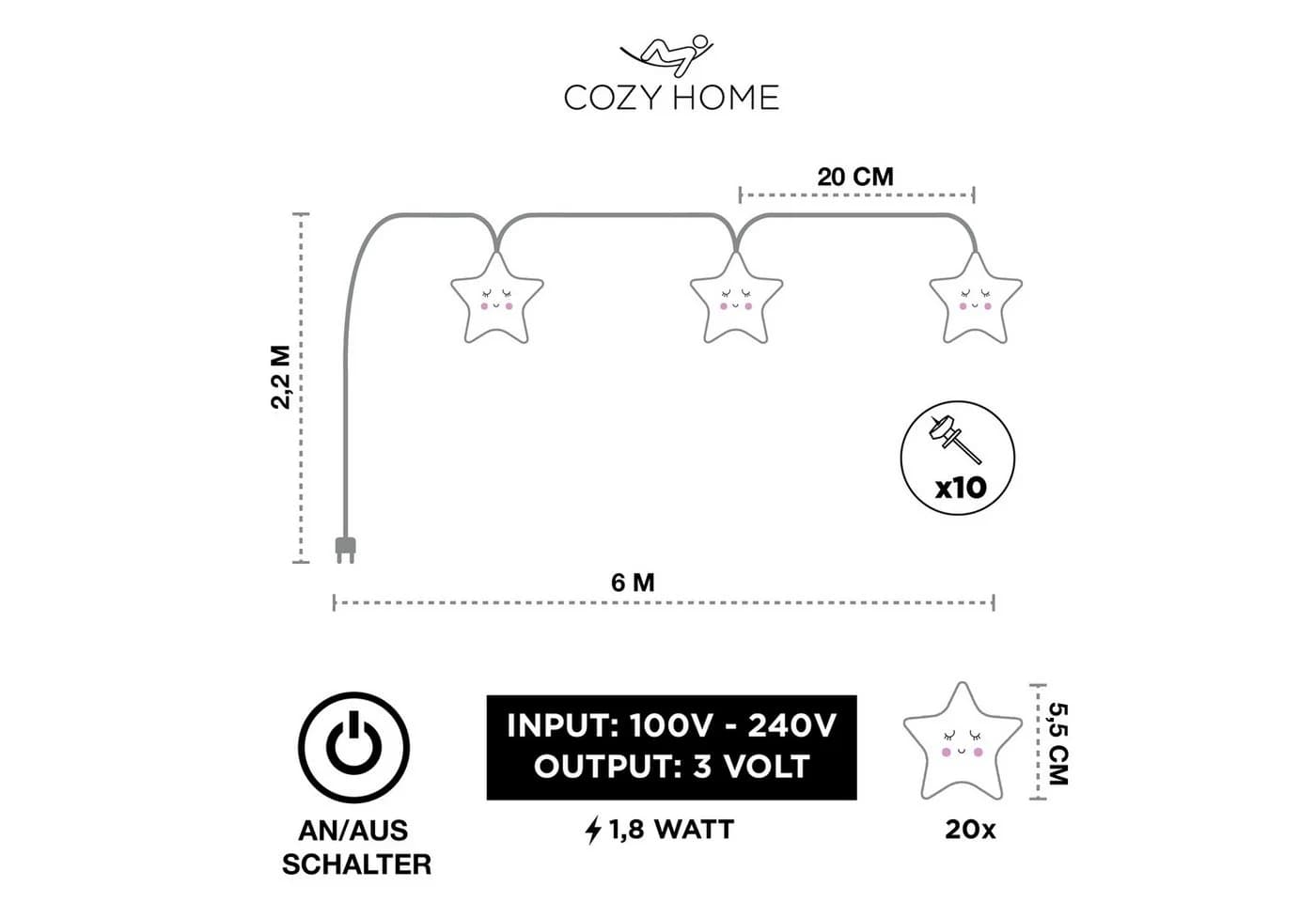 COZY HOME LED-Lichterkette Stern 20 LEDs Warmweiß 5m Timer - Bild 3