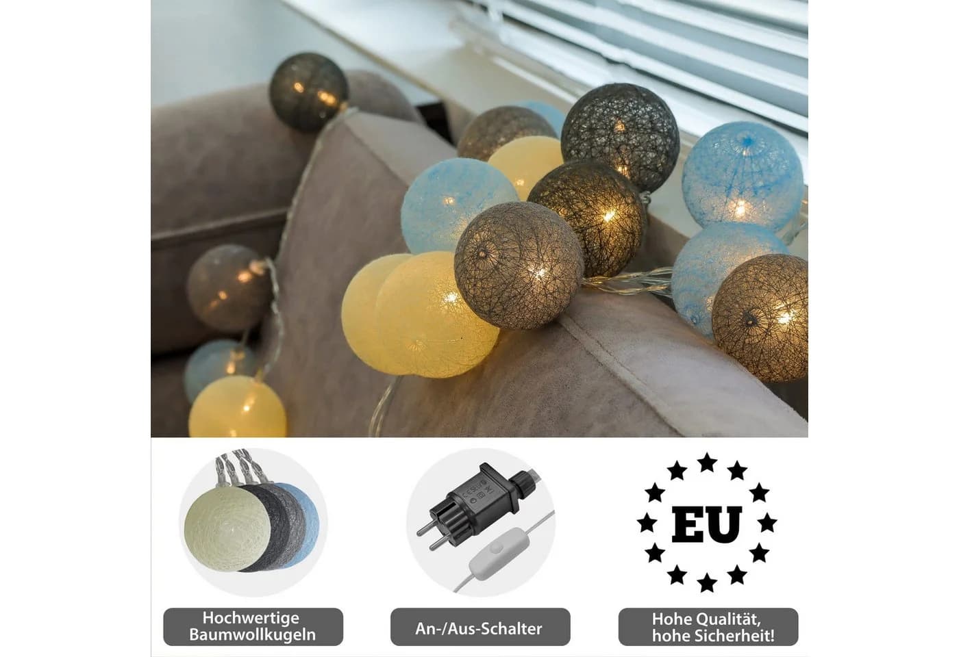 COZY HOME LED-Lichterkette Cotton Balls 6m Warmweiß 20 LEDs Strombetrieben - Bild 4