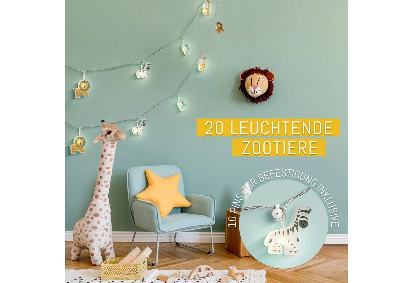 COZY HOME Lichterkette Safari Kinderzimmer 20 Tiere