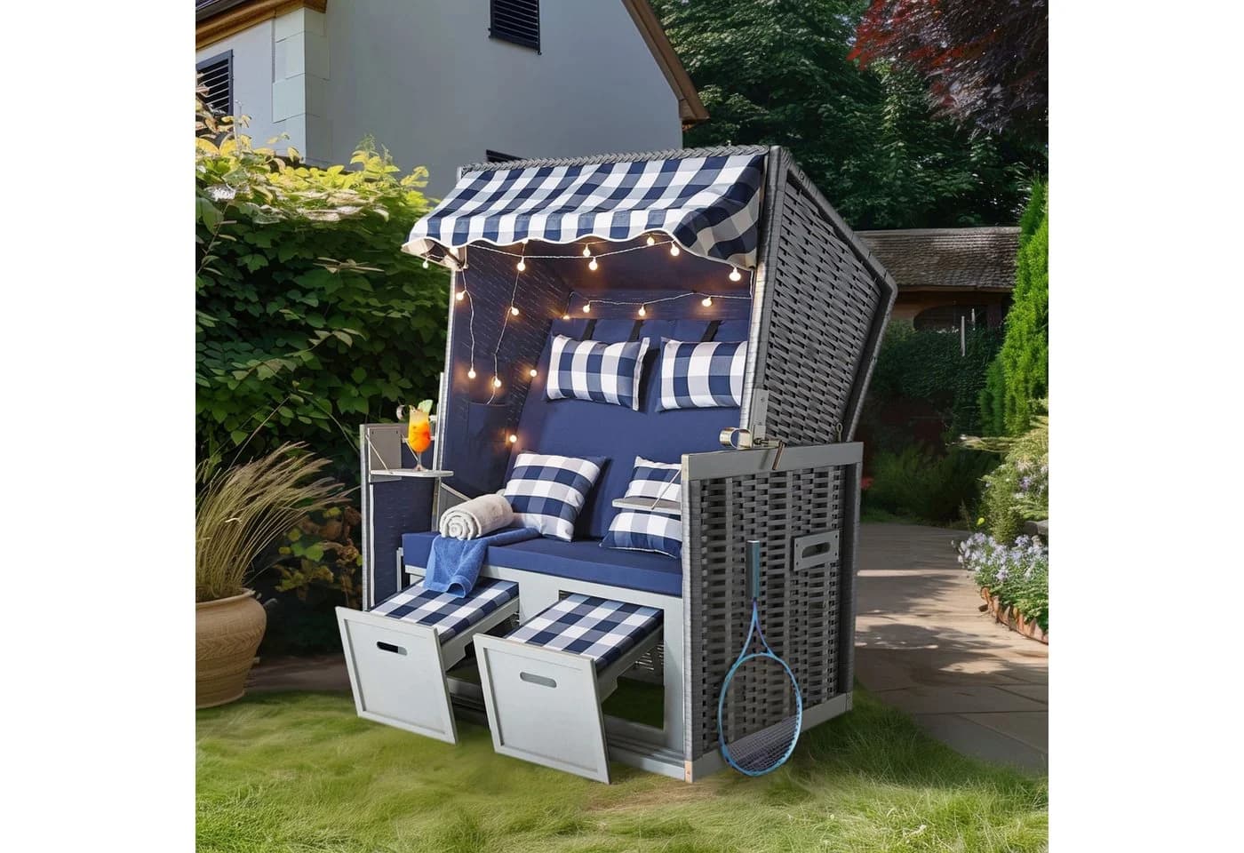 Wohnando Strandkorb "Anker" Blau mit LED-Beleuchtung & Fußstützen - Bild 2