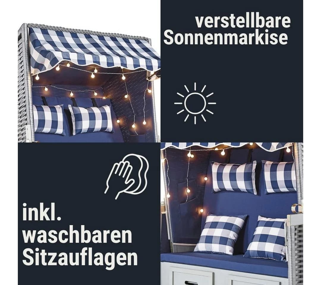 Wohnando Strandkorb "Anker" Blau mit LED-Beleuchtung & Fußstützen - Bild 3
