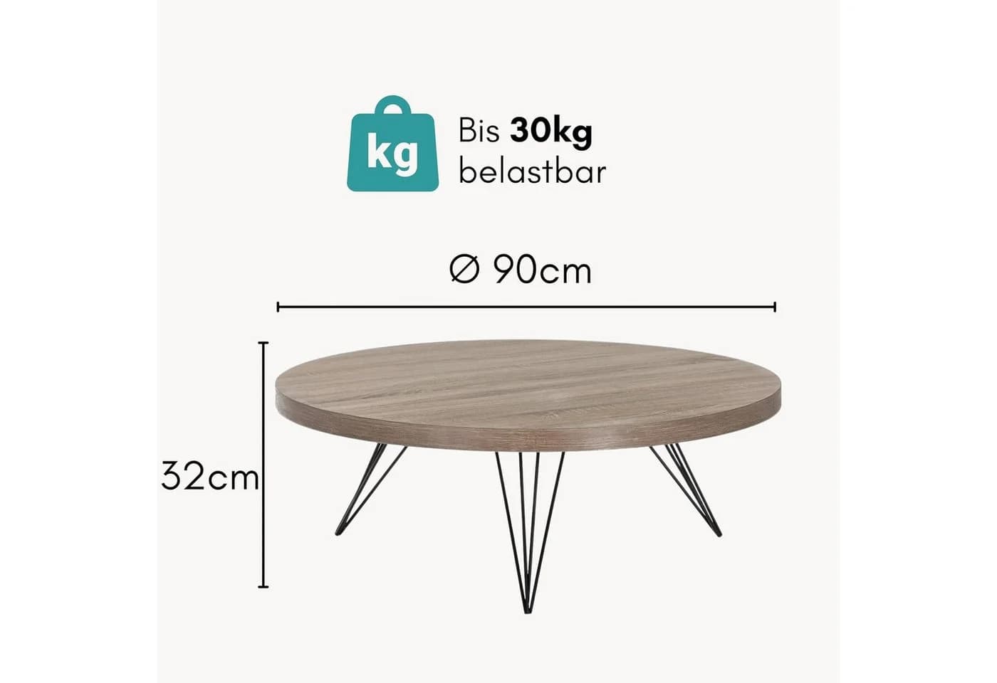 Wohnando Couchtisch Hestia rund 90cm Eichendekor Schwarz