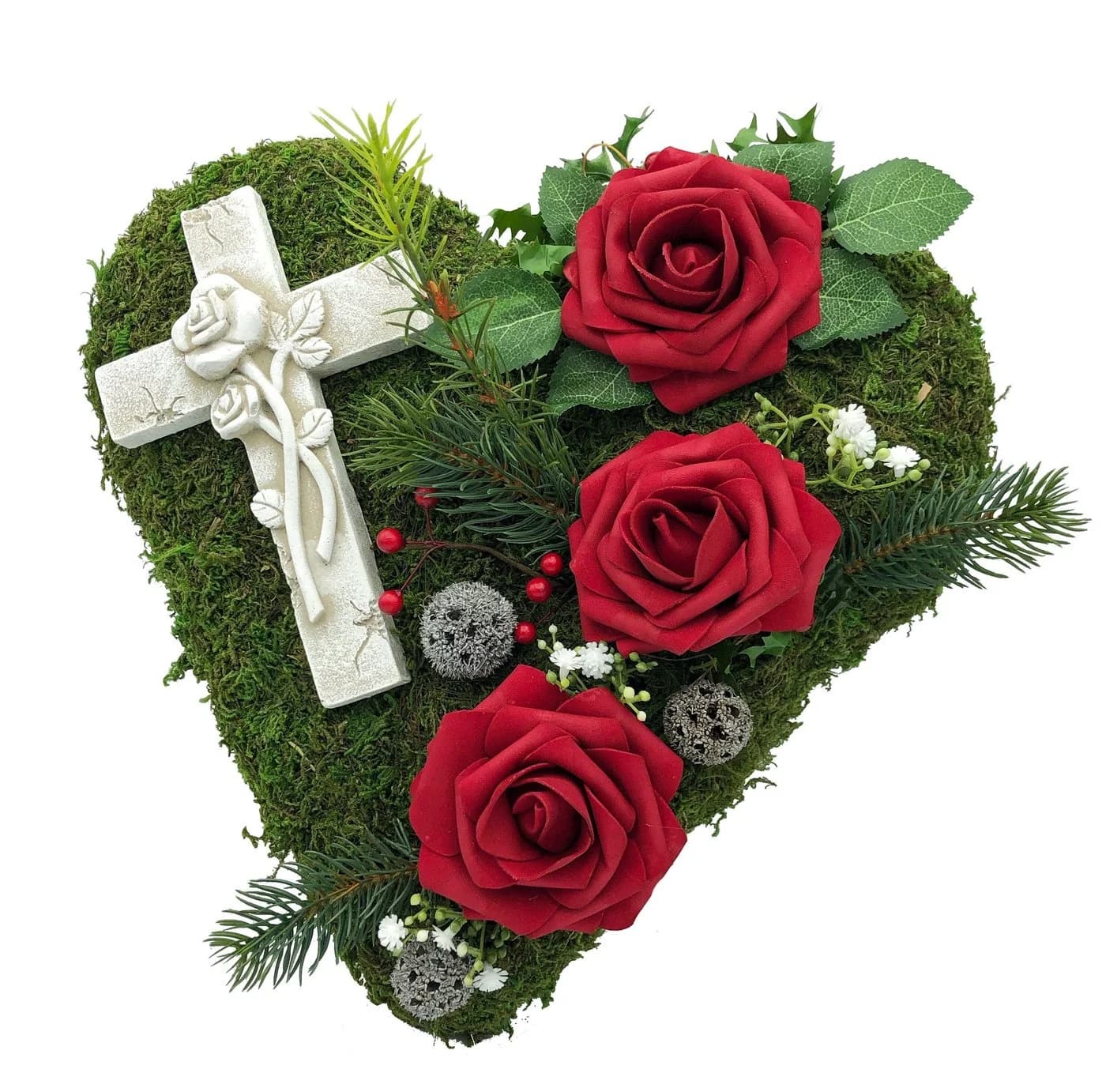 Radami Grabgesteck Moosherz mit 3D Kreuz und 3 roten Rosen