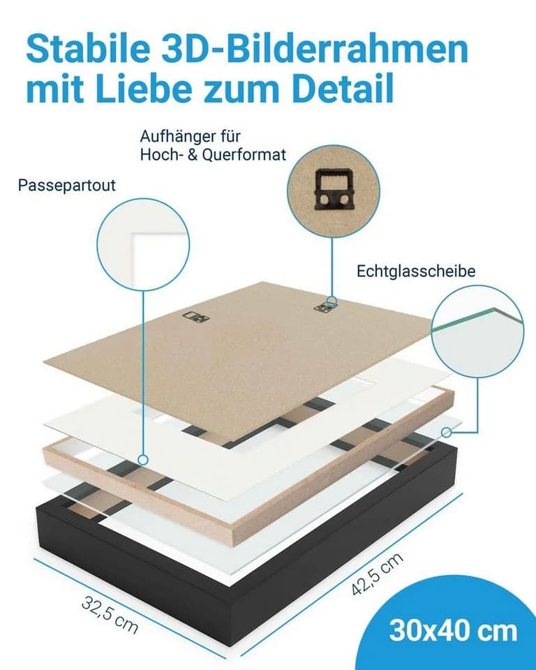 PHOTOLINI Objektrahmen 3D Schwarz 30x40 cm mit Passepartout - Bild 3