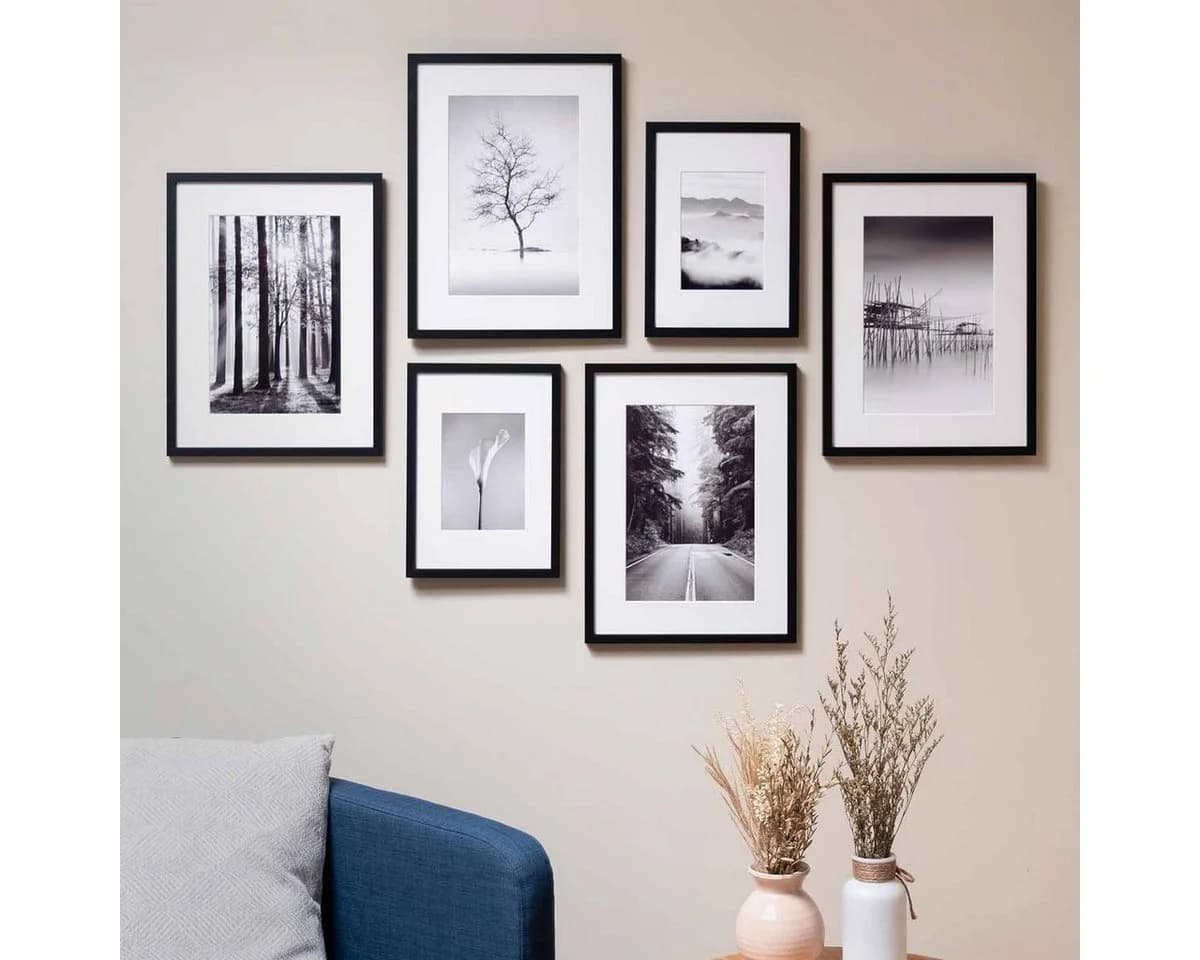 PHOTOLINI Bilderrahmen 6er Set Schwarz MDF mit Passepartout