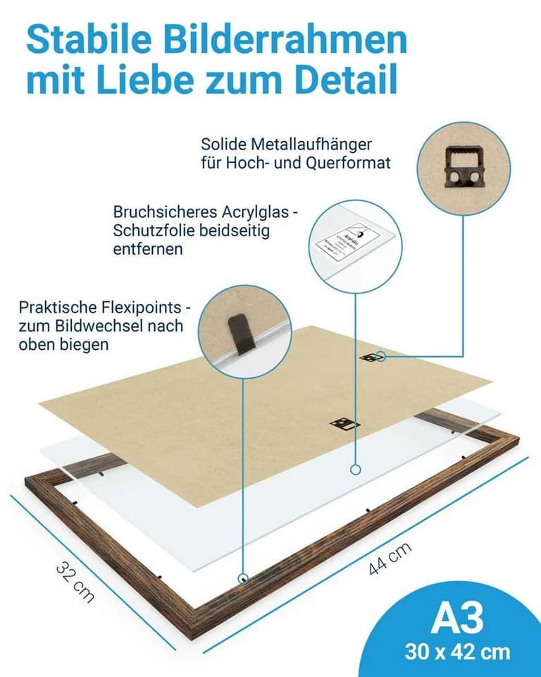 PHOTOLINI Bilderrahmen 3er Set A3 Eiche Dunkel Modern - Bild 3