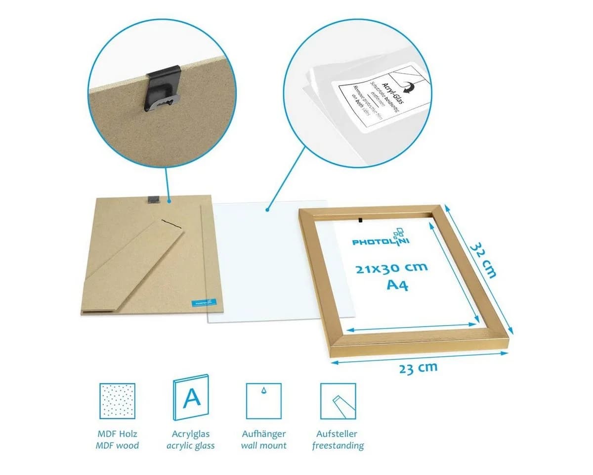 PHOTOLINI Bilderrahmen 10er Set Gold MDF Acrylglas DIN A4 - Bild 5