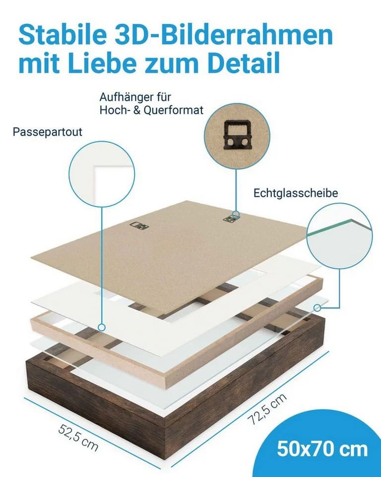 PHOTOLINI Objektrahmen Schwarz 50x70 cm mit Glas & Passepartout - Bild 3