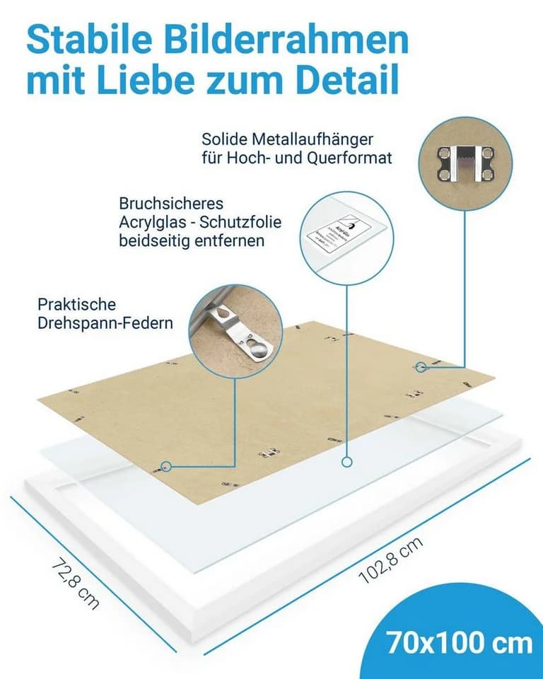 PHOTOLINI Bilderrahmen Modern Weiß XL 70x100 cm mit Acrylglas - Bild 3