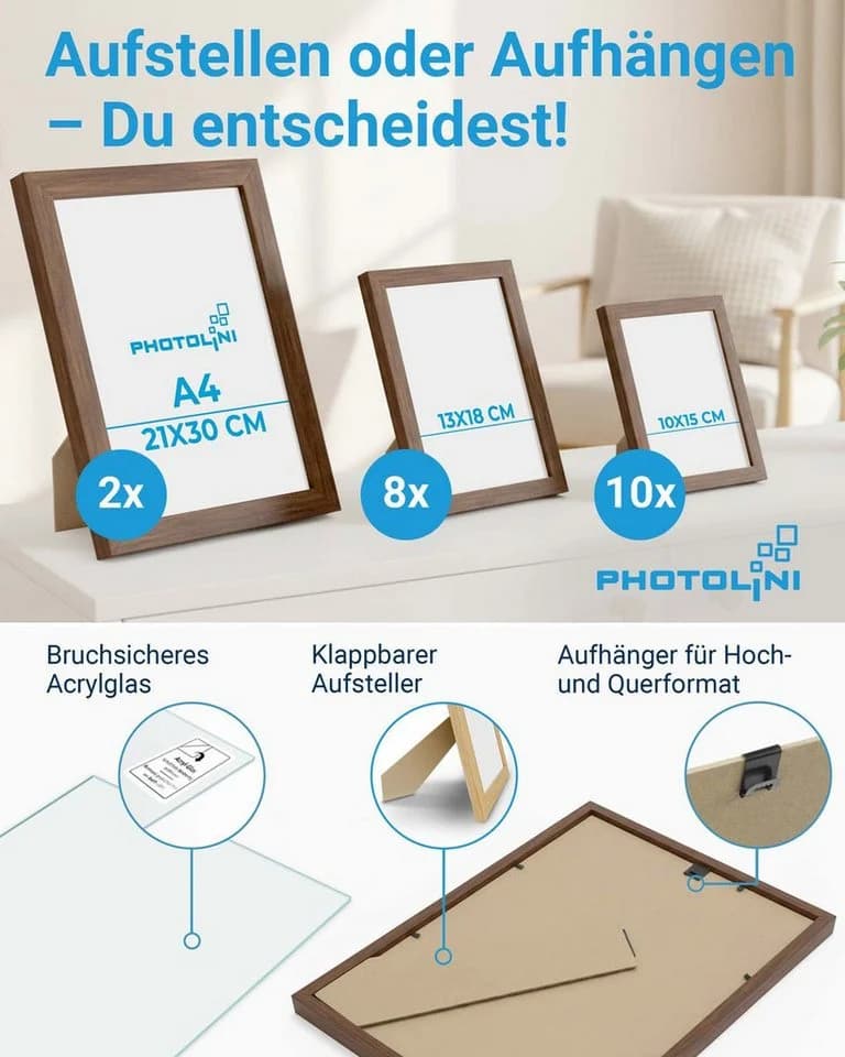 PHOTOLINI Bilderrahmen Set 20er MDF Holz Acrylglas Braun - Bild 3
