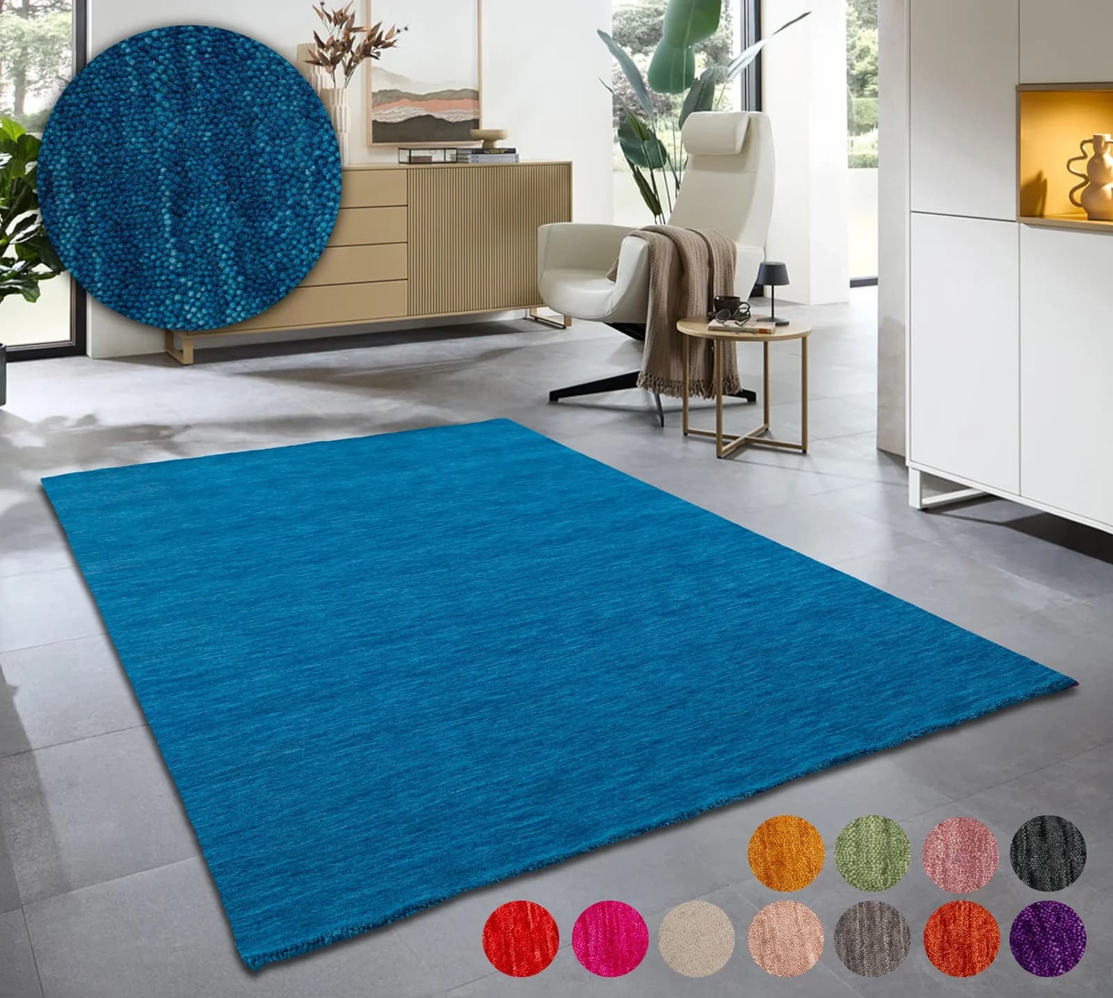 OTTO HOME Wollteppich Karchau Blau Handgewebt Meliert