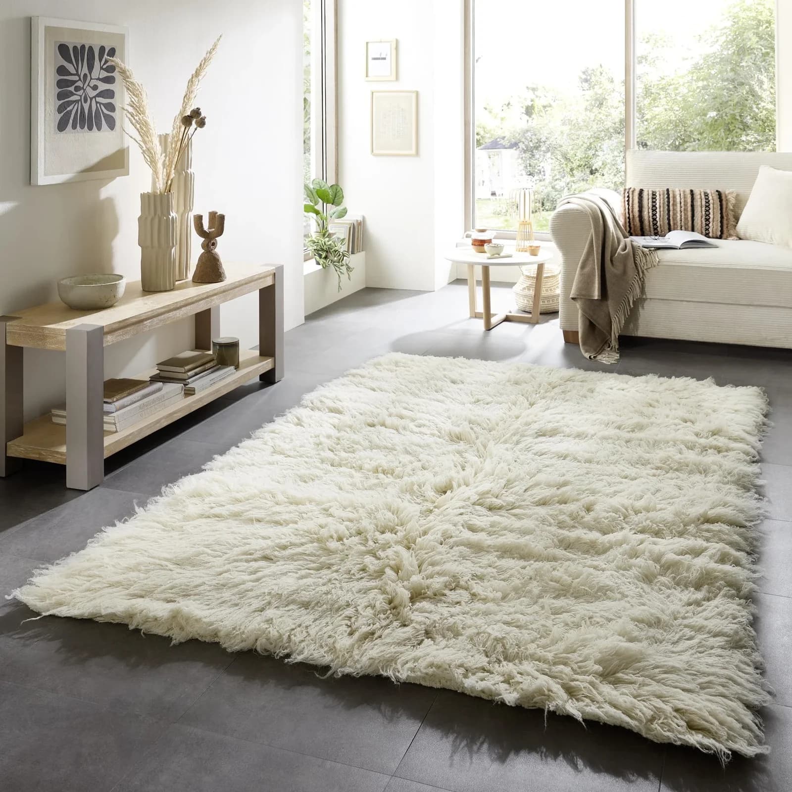THEKO Wollteppich Flokos 2 Beige Uni Flokati Hochflor