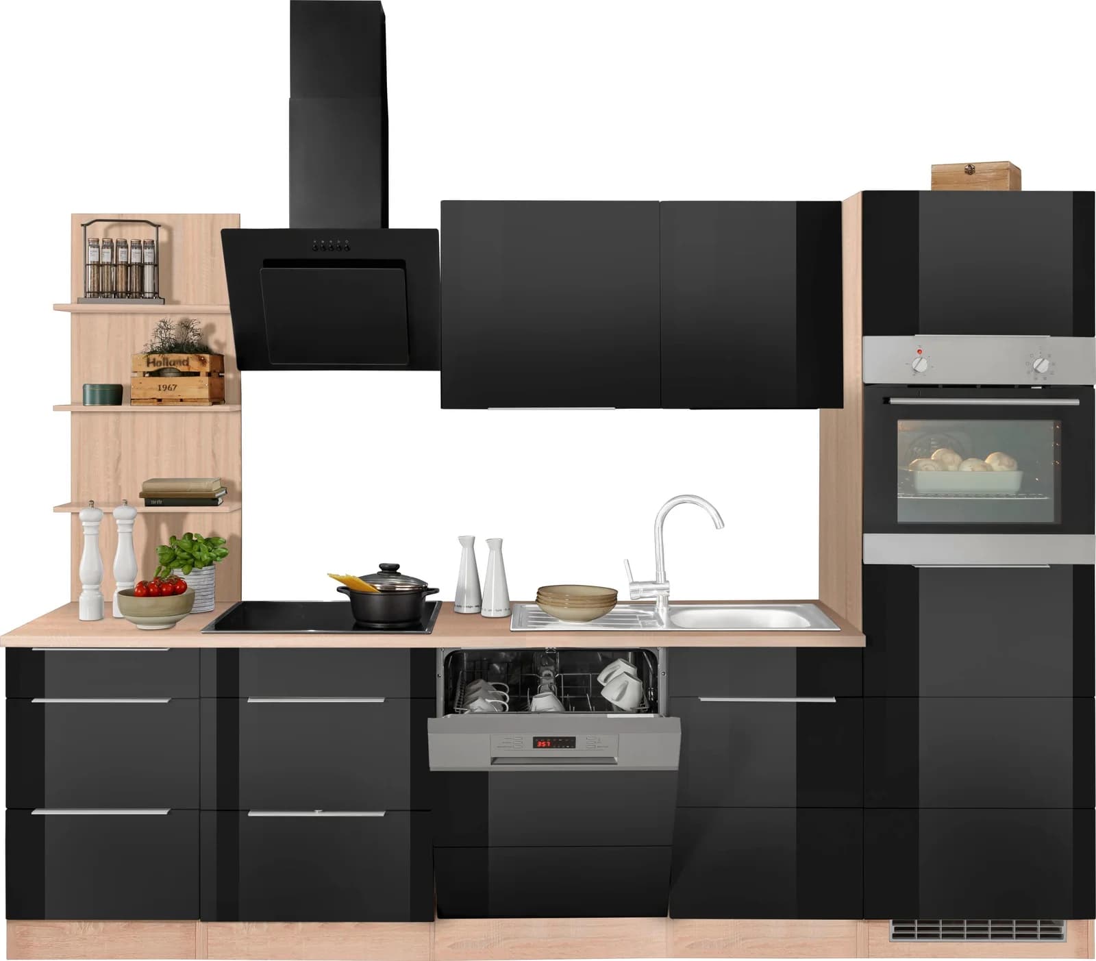 Küchenzeile KOCHSTATION KS-Brindisi 280 cm Schwarz Hochglanz