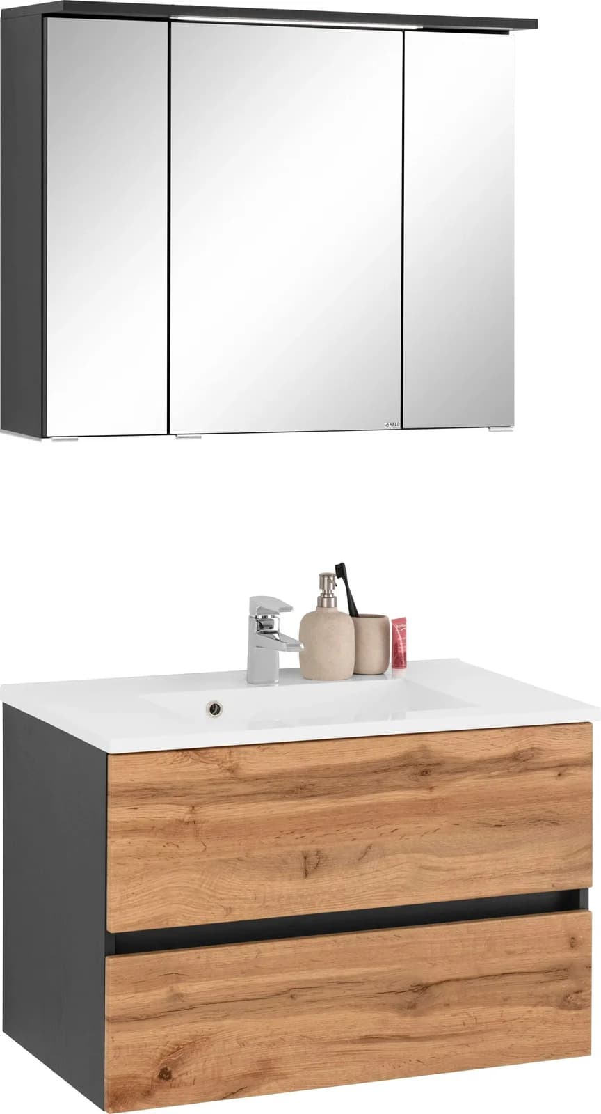 WELLTIME Badmöbel-Set Lucca Grau Eichefarben mit LED