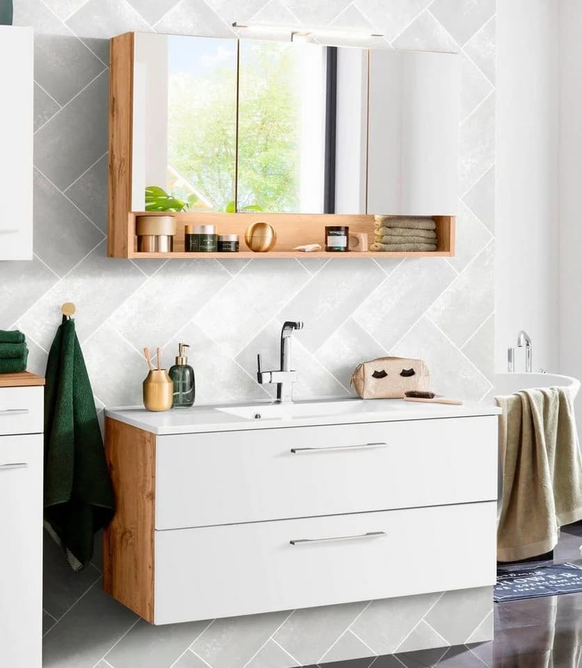 WELLTIME Badmöbel-Set Soria Weiß Eiche 100cm Spiegelschrank