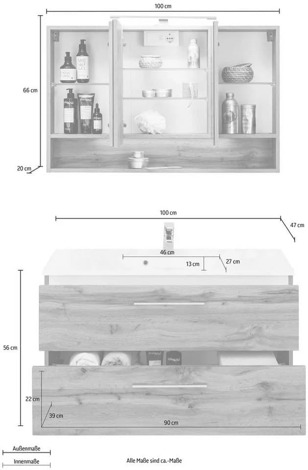 WELLTIME Badmöbel-Set Soria Weiß Eiche 100cm Spiegelschrank - Bild 5