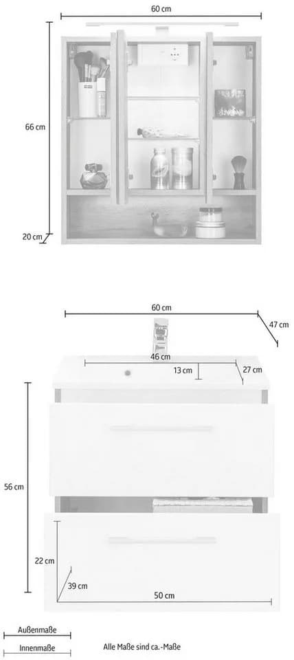 WELLTIME Badmöbel-Set Soria eichefarben Waschtisch Spiegelschrank - Bild 5