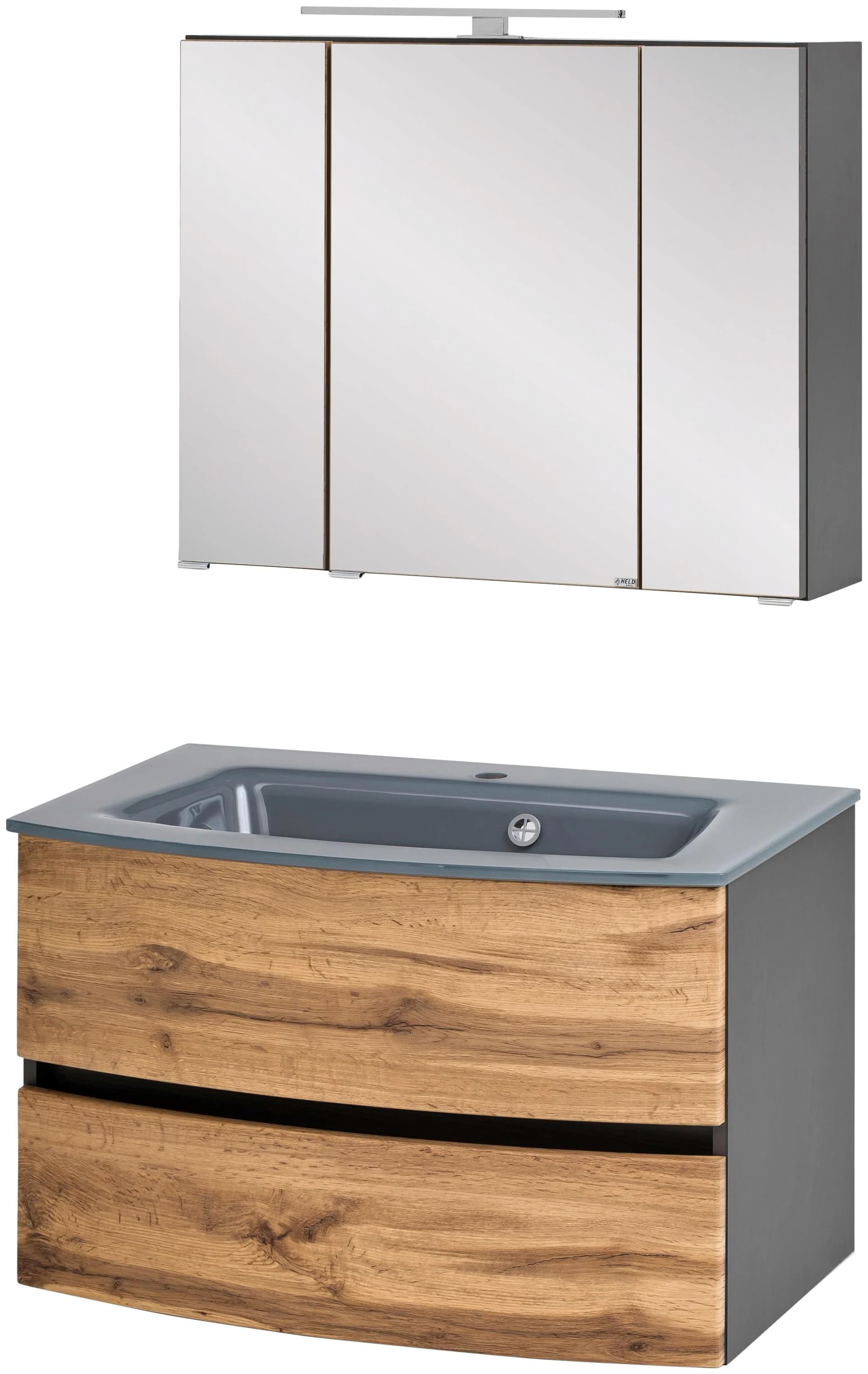 Welltime Waschtisch-Set Kaunas Grau Wotaneiche Soft-Close-Funktion