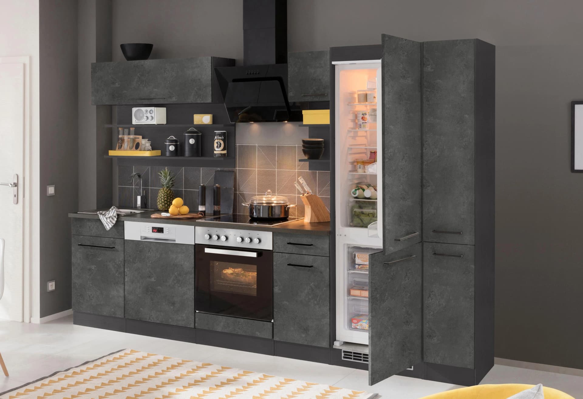 KOCHSTATION Küchenzeile "KS-Tulsa" ohne E-Geräte, Breite 300 cm, schwarze Metallgriffe, MDF Fronten