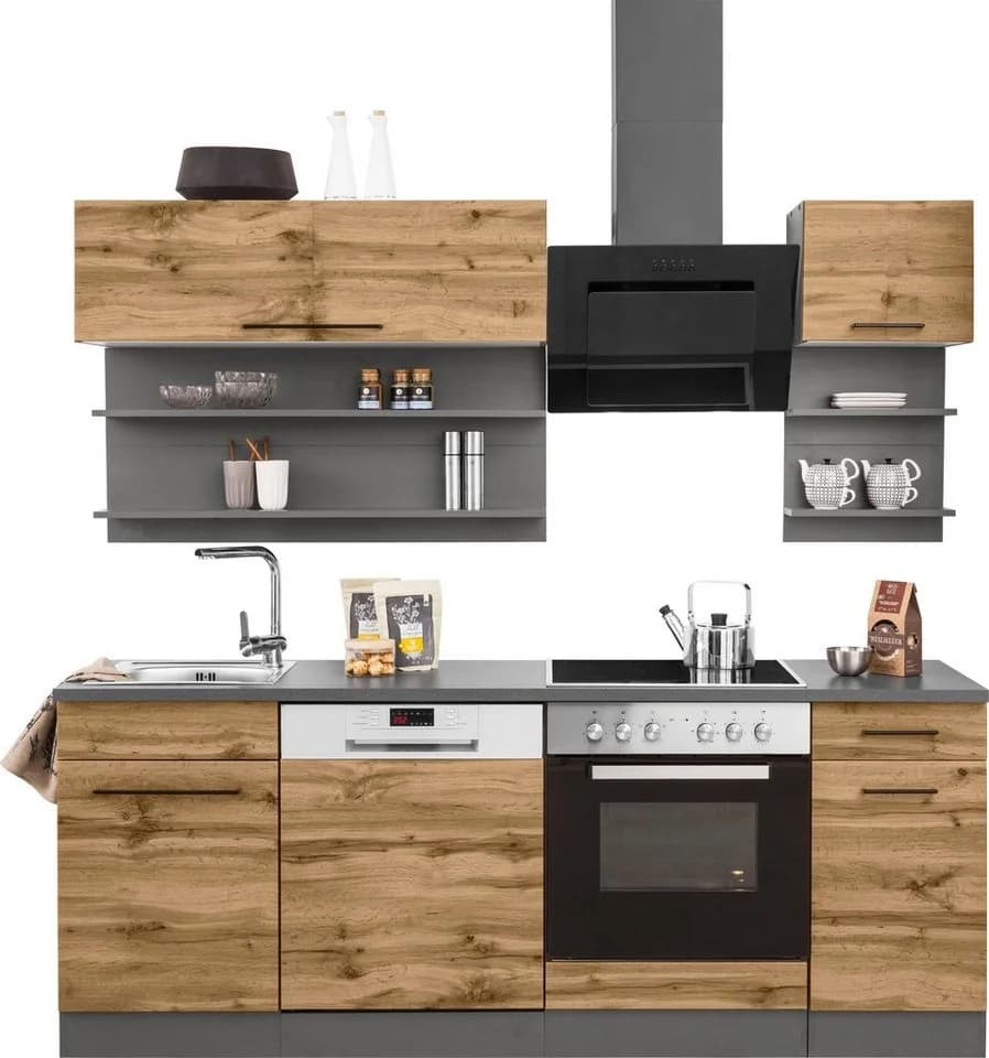 Küchenzeile KS-Tulsa 210cm Braun/Grau mit Spüle