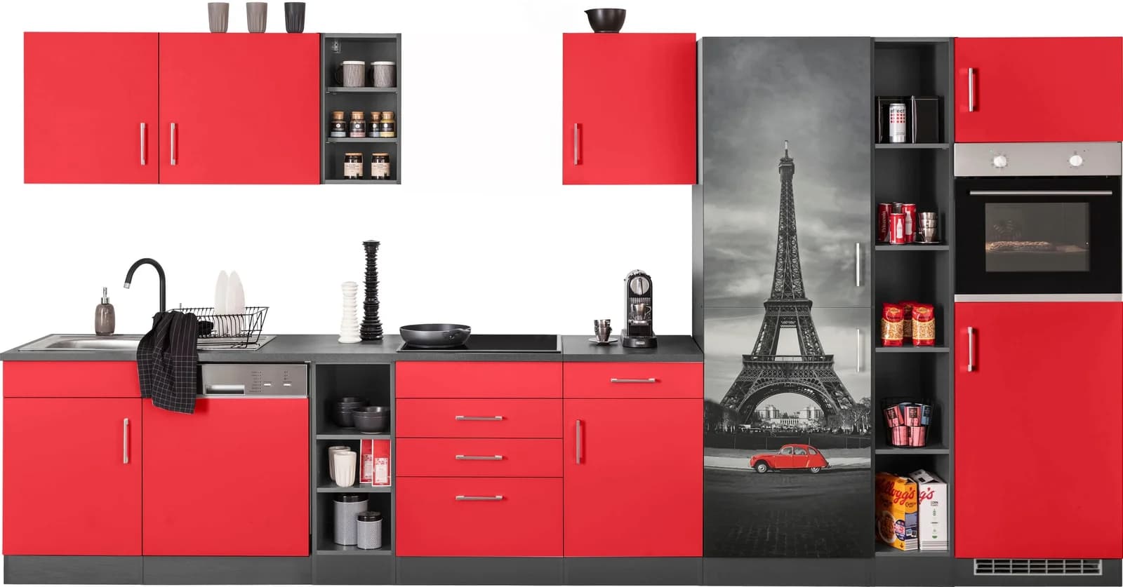 Kochstation Küchenzeile KS-Paris Rot Anthrazit 400 cm
