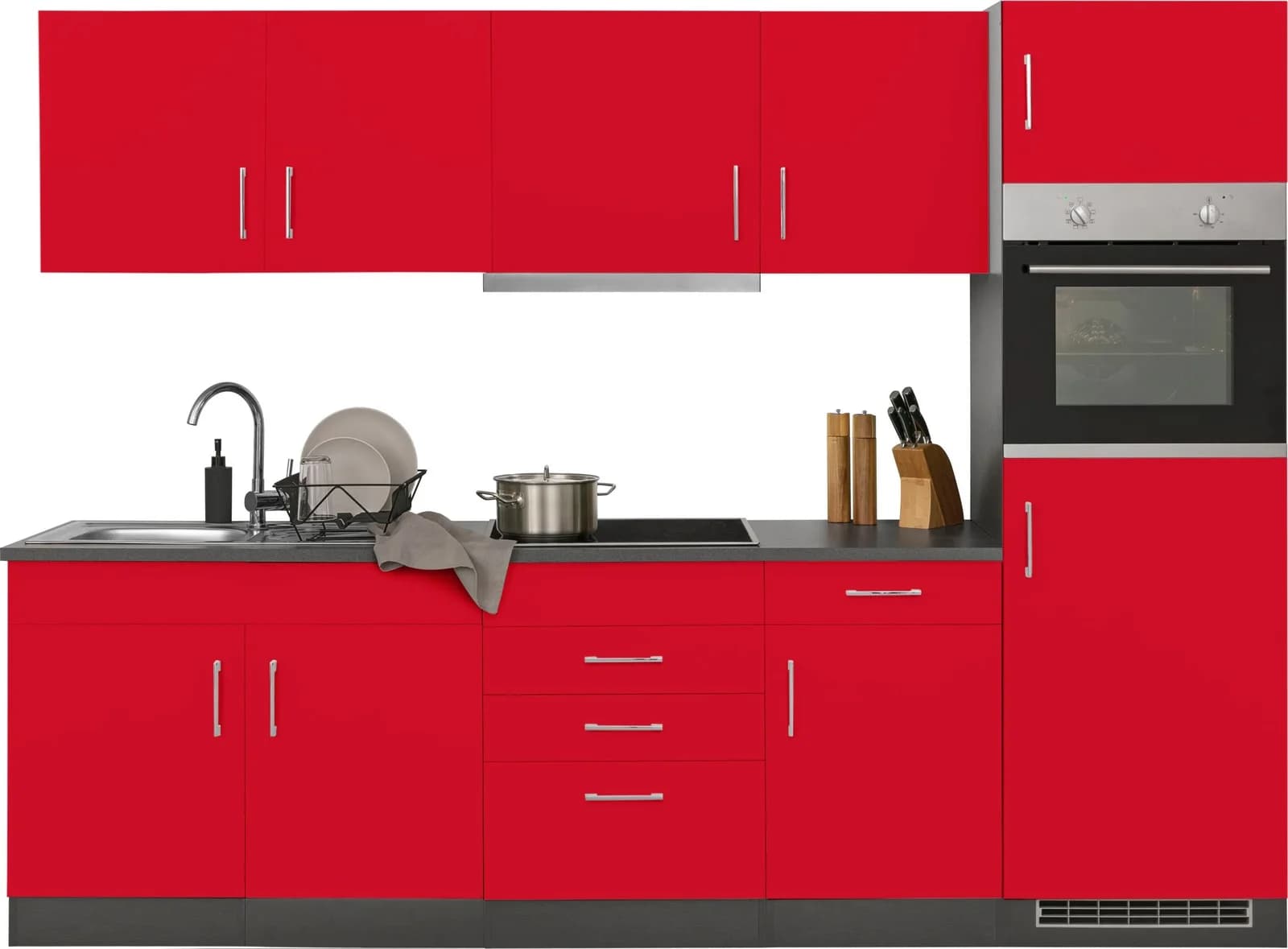 Küchenzeile KS-Paris rot, 270cm, Komplettküche mit E-Geräten