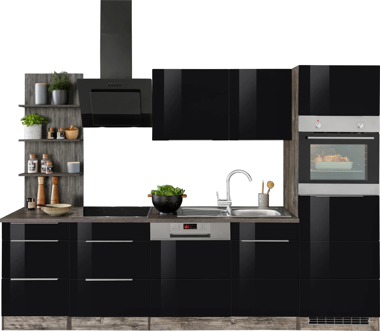 Küchenzeile KS-Brindisi 280cm Schwarz Hochglanz Eiche Vintage Komplettküche