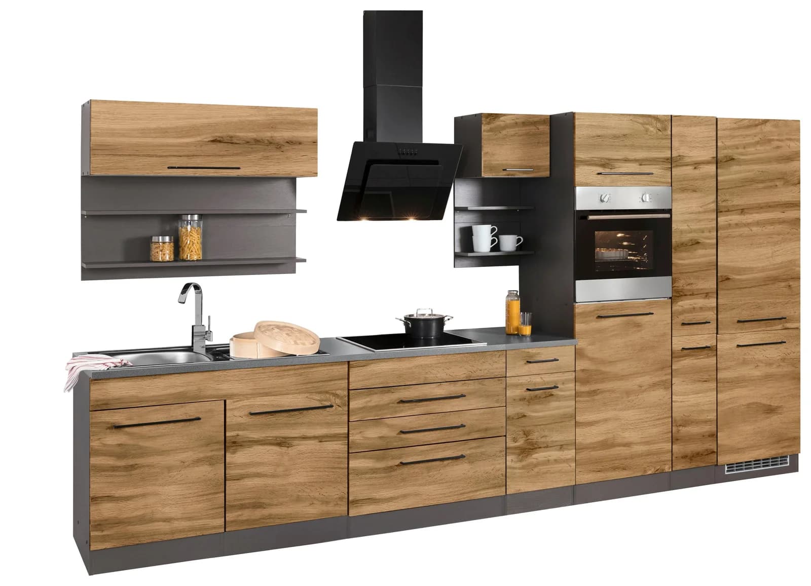 KOCHSTATION "KS-Tulsa" mit E-Geräten Breite 380 cm schwarze Metallgriffe MDF Fronten