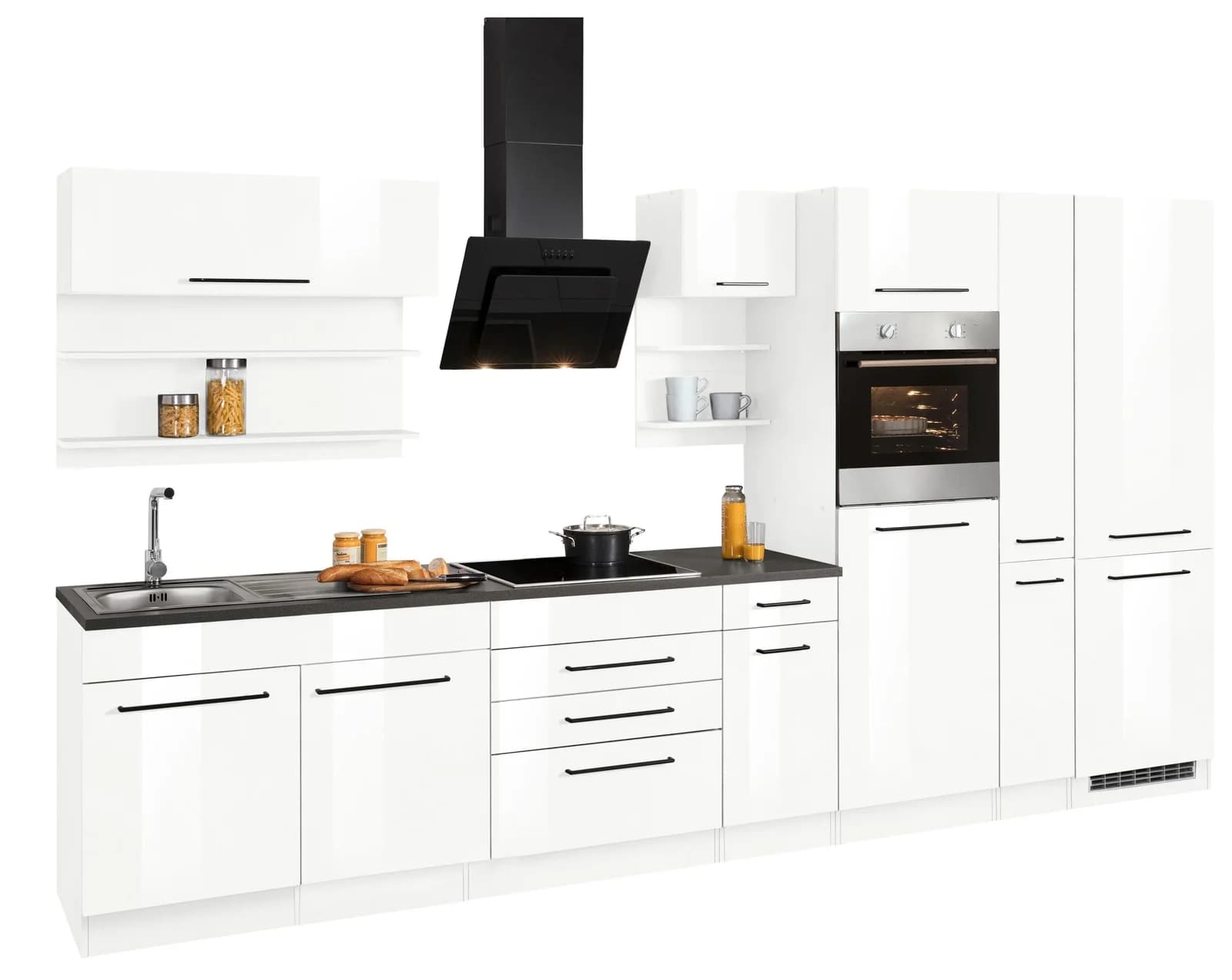 KOCHSTATION "KS-Tulsa" mit E-Geräten, Breite 360 cm, schwarze Metallgriffe, MDF Fronten